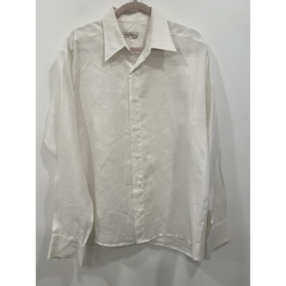 Pazzo New York Mens Linen Shirt Button Down Ivory Embroidered Flawed SZ XXL